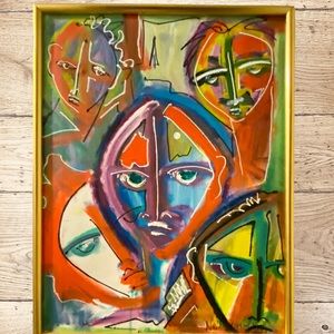Neith Nevelson Original Acrylic "Faces" on Canvas Painting Signed by Neith.